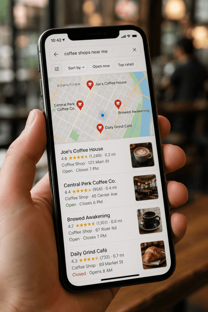 Smartphone displays a map showing nearby coffee shops with red pins and a search bar reading 'coffee shops near me'