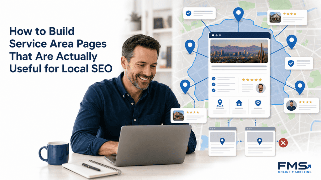 Man smiling while typing on a laptop, with a stylized map and floating location pins and review cards indicating local SEO concepts.